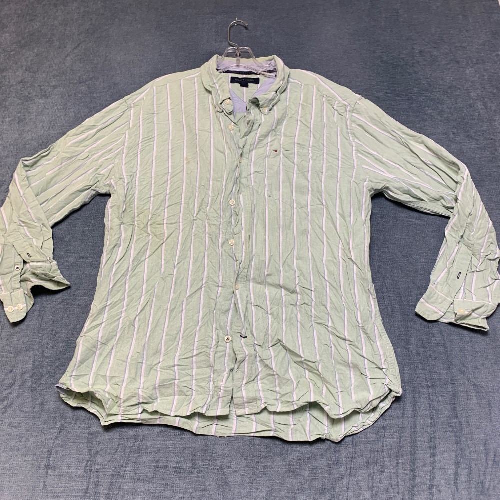 Tommy Hilfiger Shirt Mens XL Green White Striped Long Sleeve Classic Button Down